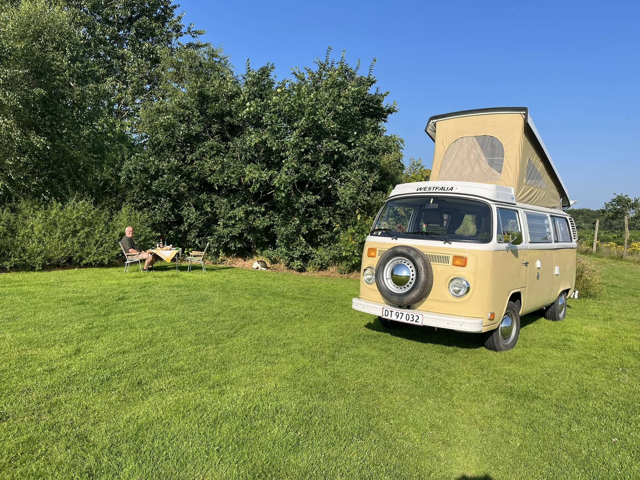 Gäste sitzen gemütlich vor dem Wohnmobil auf einem naturnahen Stellplatz