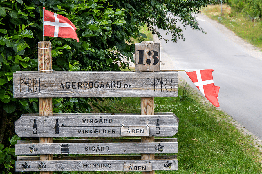 dansk vingård med skilt og danske flag